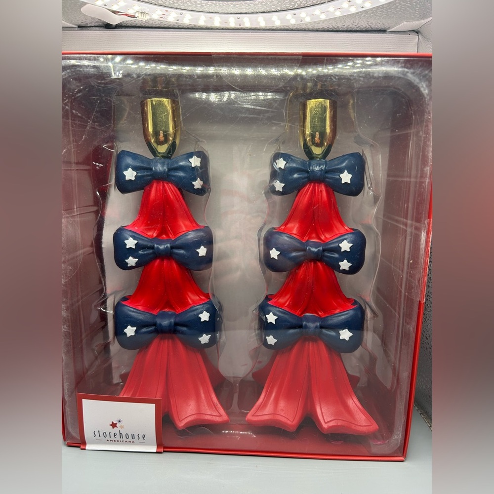 Storehouse Americana Patriotic Bow Candle Holder Set Red White Blue VIRAL New